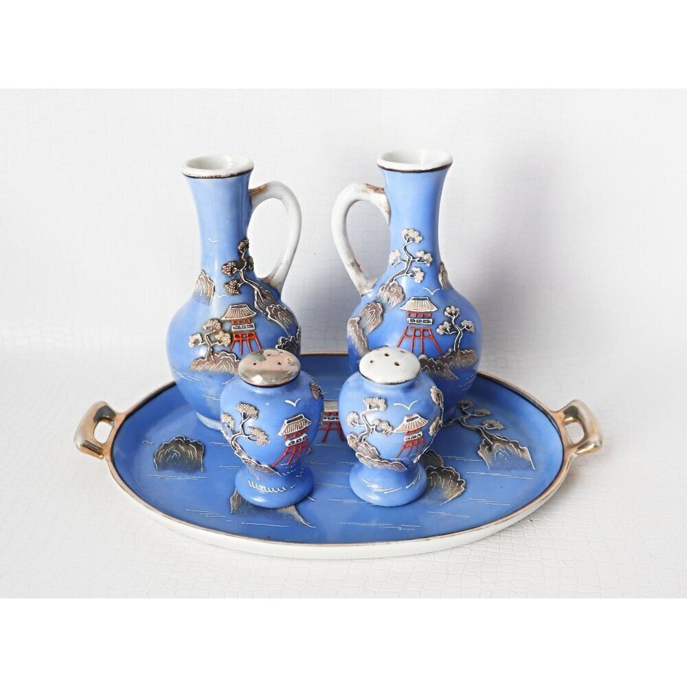 Japanese Moriage 5 Piece Condiment Set Tray Cruets Salt & Pepper